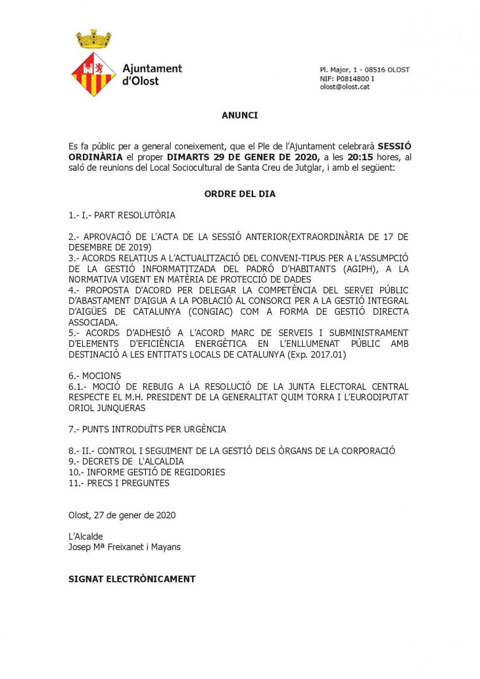 Convocatòria de la Sessió ordinària del Ple de l'Ajuntament